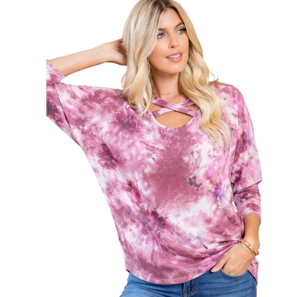❤️5/$25 Sweet Lovely By Jen Maroon Tie-Dye Crisscross Neck Top - Picture 2 of 4